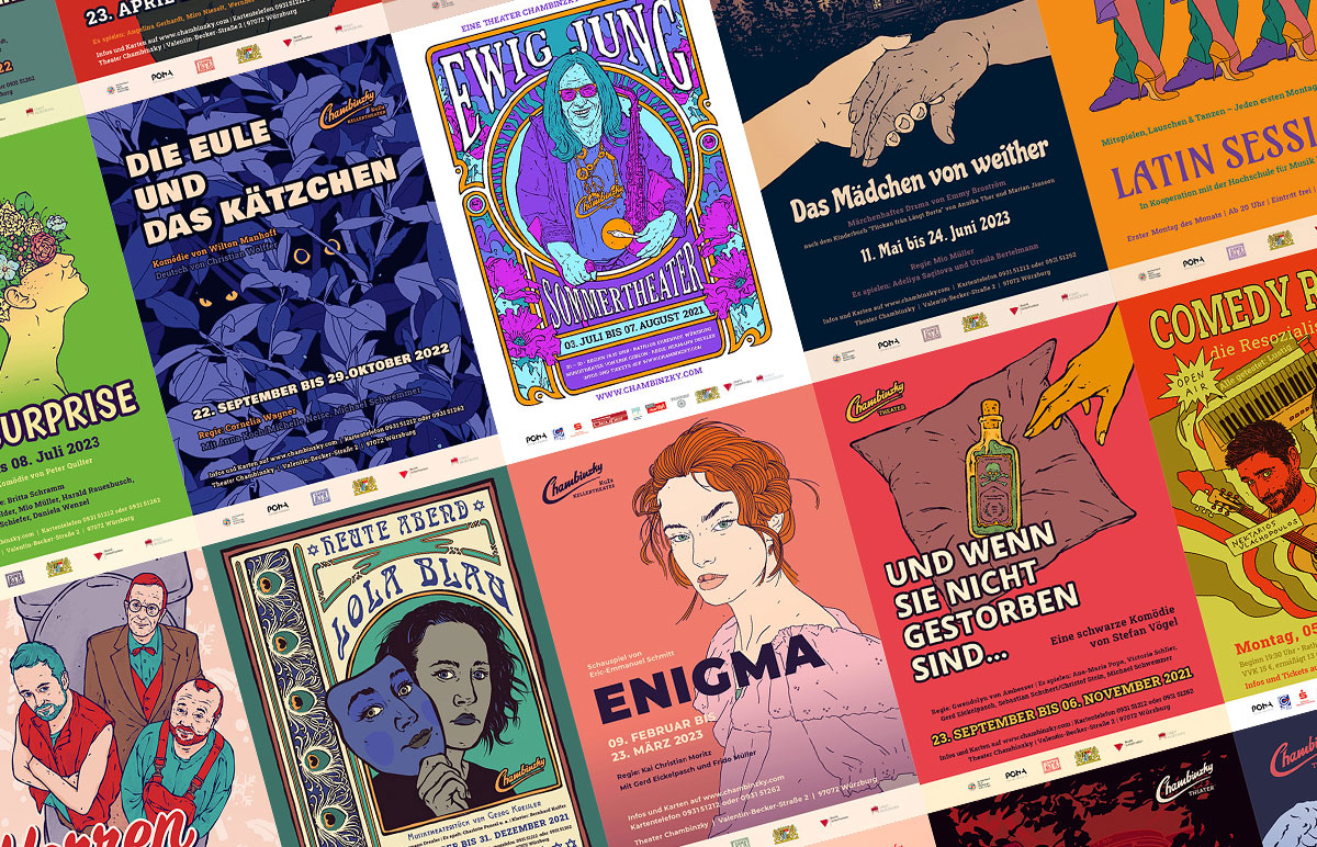 Auswahl an illustrierten Plakaten für das Theater Chambinzky