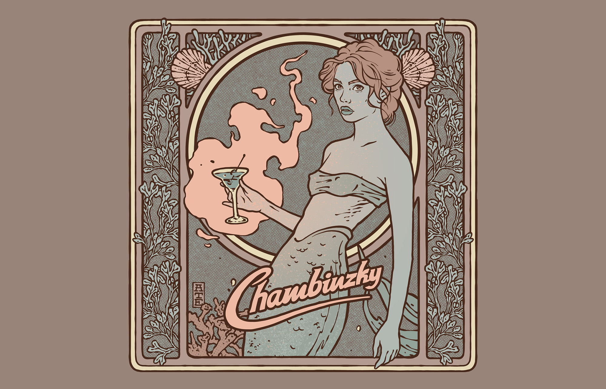 Illustration einer Meerjungfrau mit Drink in der Hand, eingerahmt in maritimen Ornament. Dazu das Logo des Theater Chambinzkys.