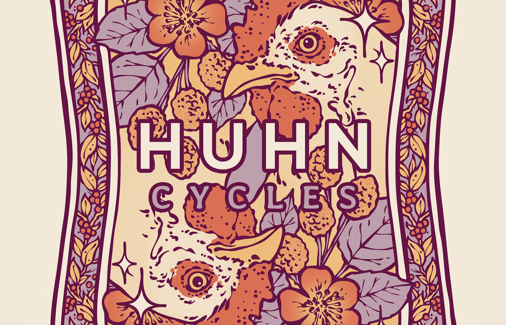 Closeup einer Illustration mit zwei Hühnerköpfen und floralen Elementen. Huhn Cycles Typrografie direkt in der Mitte.