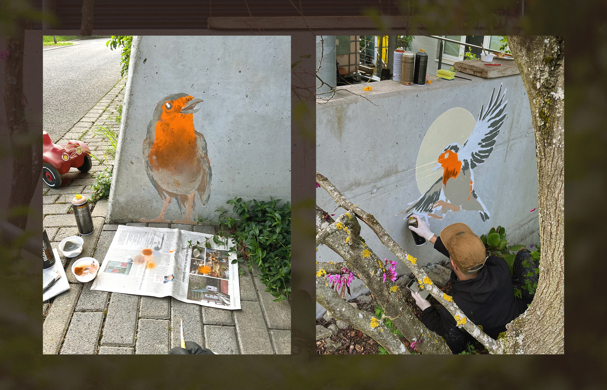 Entstehungsprozess von zwei Rotkehlchen, welche auf Gussbetonwände gemalt werden.