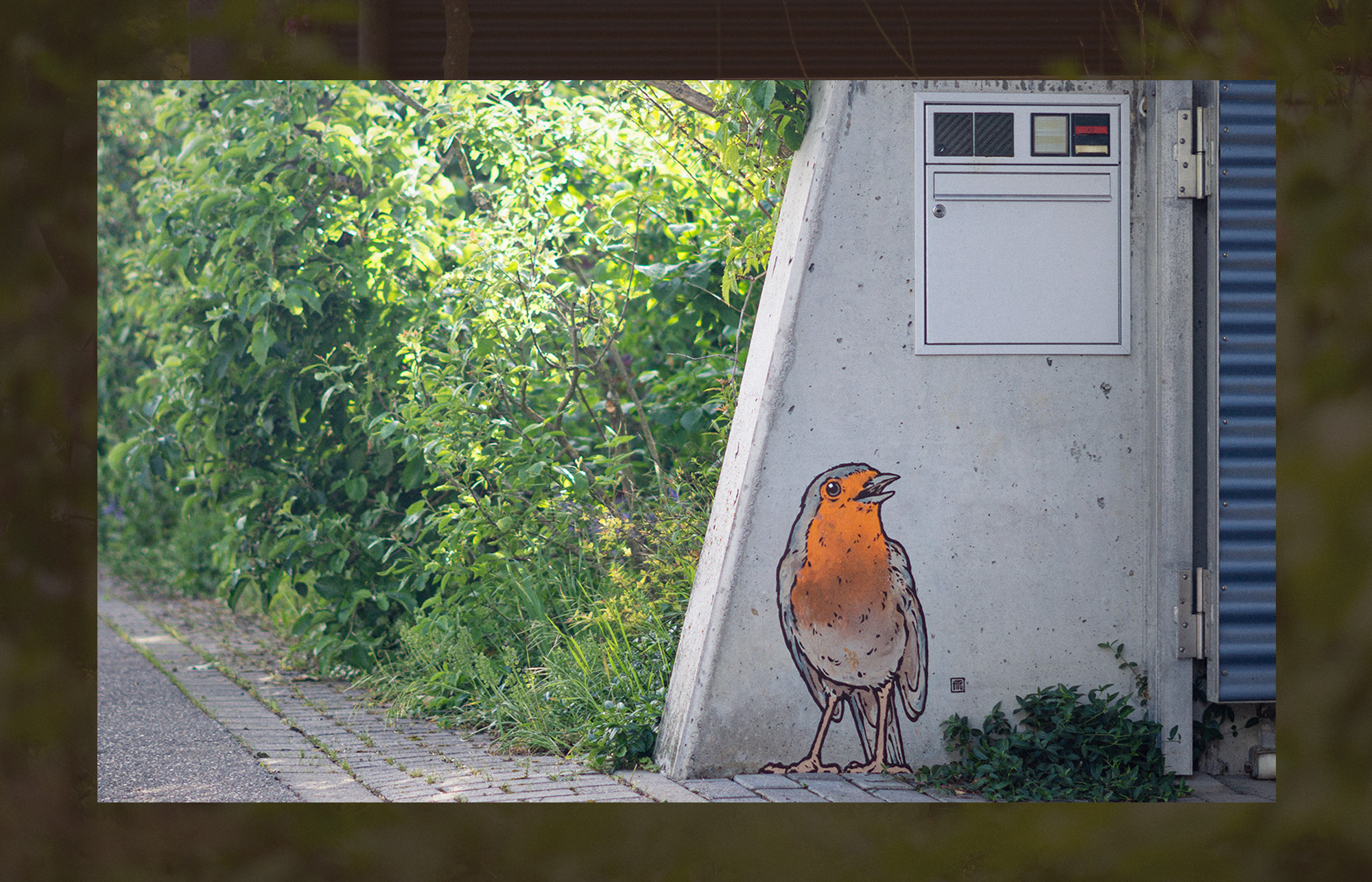 Stehendes kleines Rotkehlchen auf Gussbetonwand an einem Hauseingang gemalt.