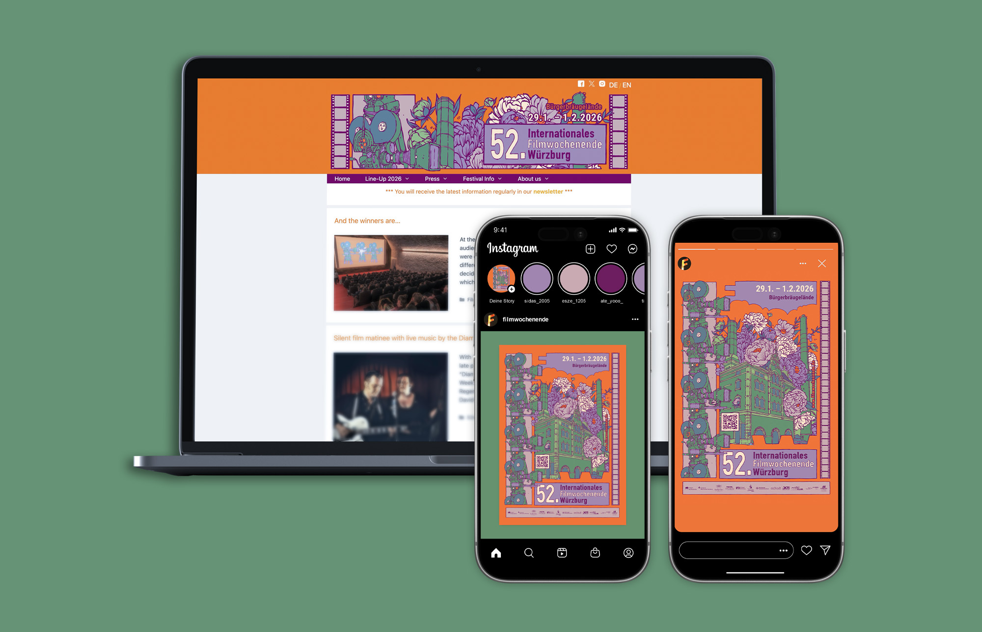 Beispielhafte Social Media Assets von der Illustration für das Internationale Filmwochenende in Würzburg.