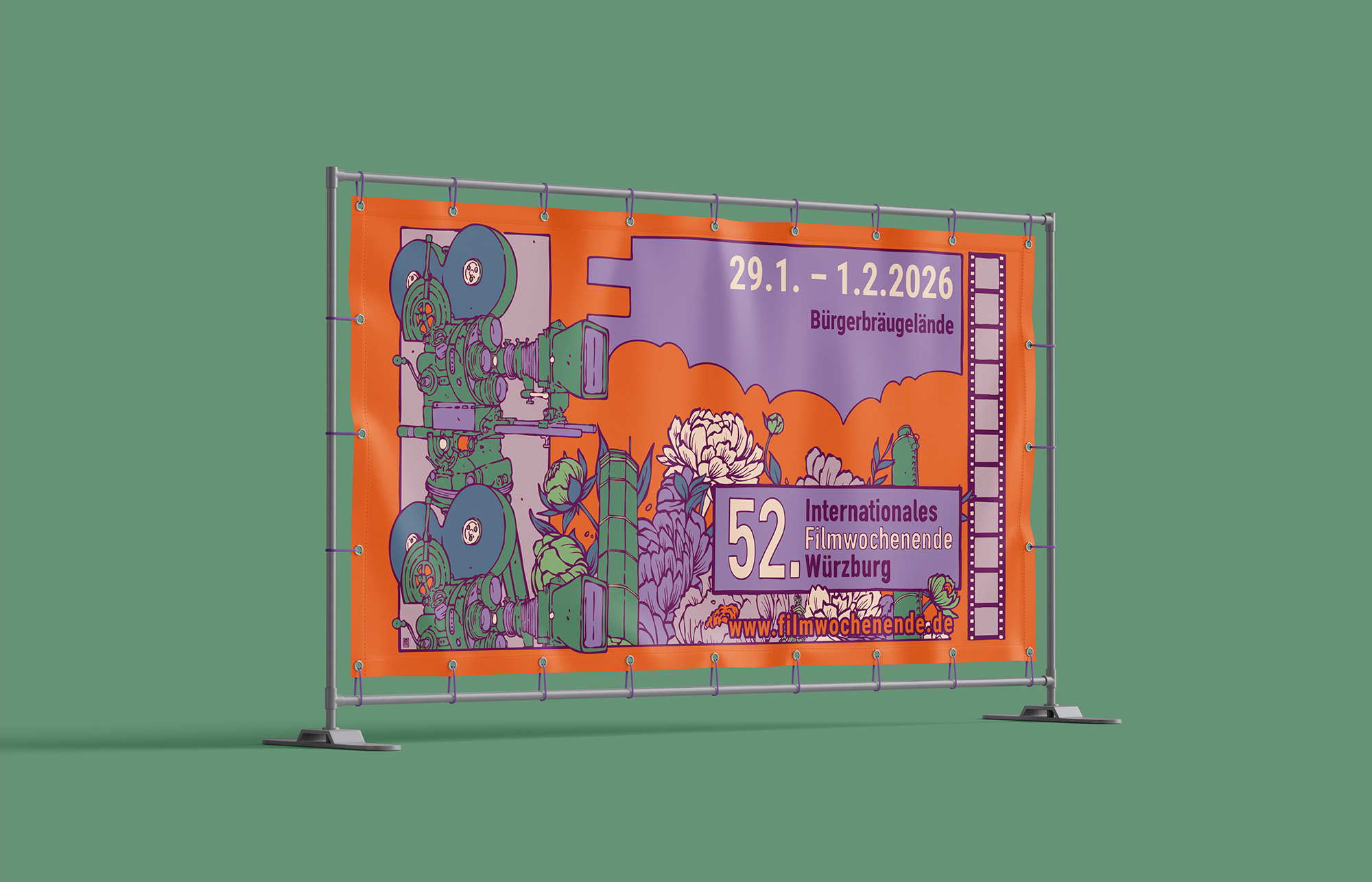 Beispielanwendung von der Illustration für das Internationale Filmwochenende in Würzburg in Form eines Bauzaunbanners.