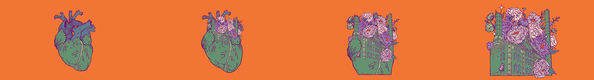 Animazionsstrip mit Illustrationen eines anatomischen Herzens, welches zum Bürgerbräugebäude wird.